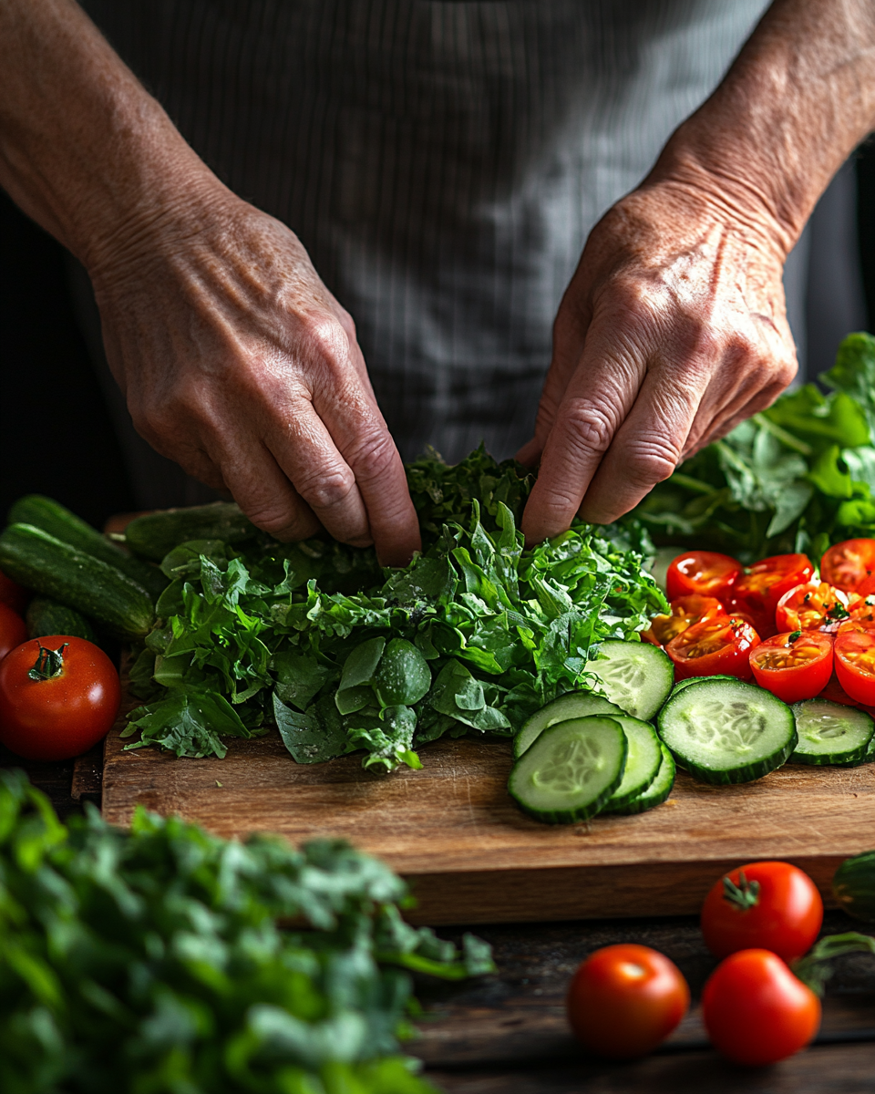 Група людей старшого віку готує здорову їжу разом
